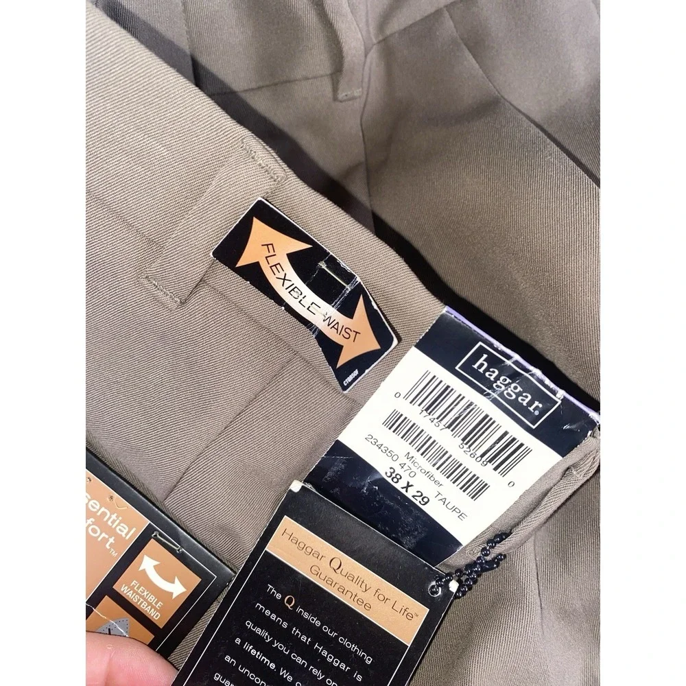 Haggar Flexible Waist Microfiber Non‎ Iron Pleated Pants Mens 38x29 Taupe Preppy